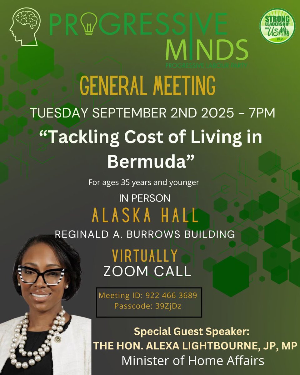 BdaMinds's tweet photo. ⏩🧠 The cost of living affects every Bermudian, especially young Bermudians mapping out their lives. Join us on Tuesday, September 2nd at 7PM at Alaska Hall for a powerful conversation with The Hon. Alexa Lightbourne, JP, MP, Minister of Home Affairs, https://t.co/5R0lQxw6Ya