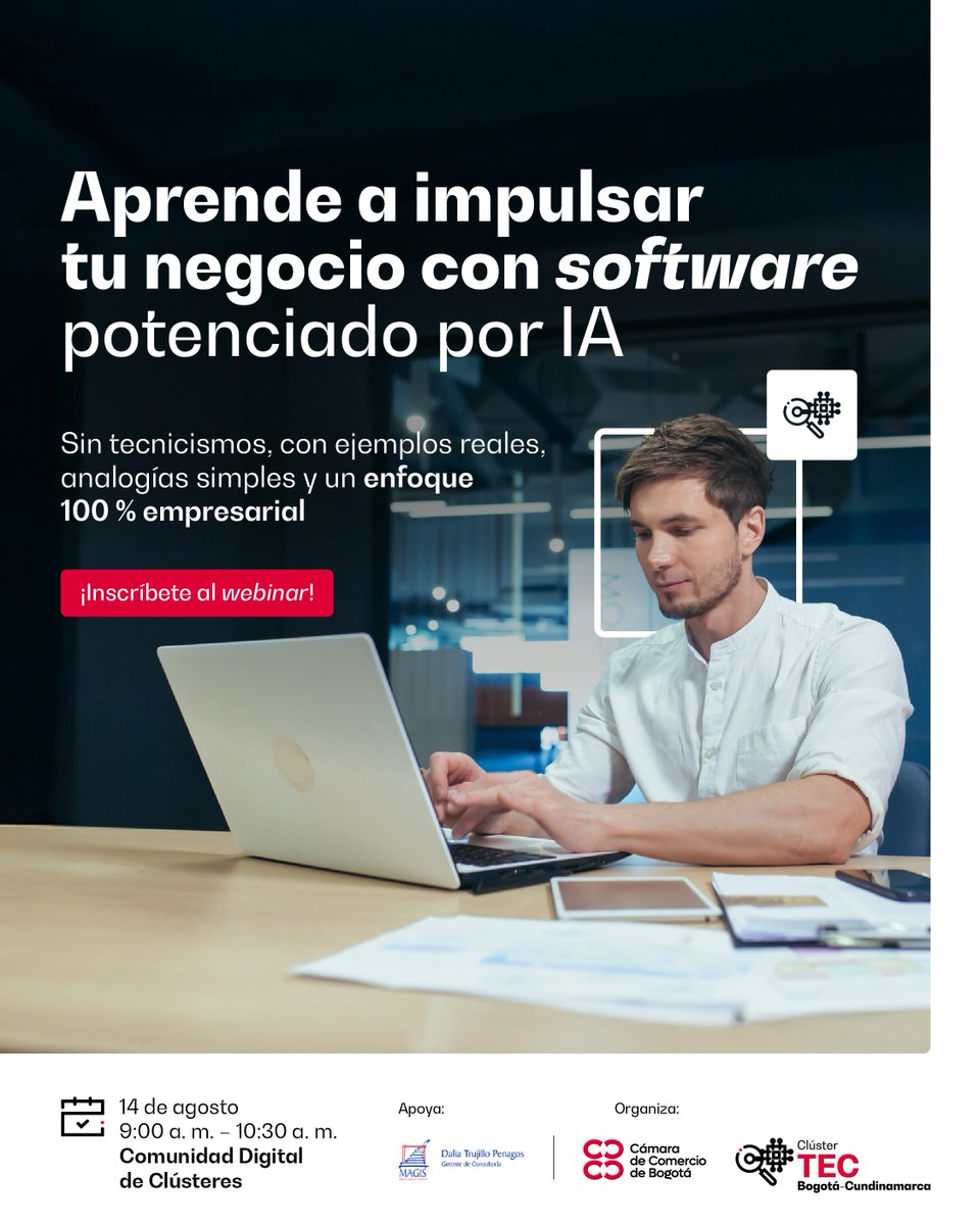 MAÑANA 9 A.M. La <a href="/camaracomerbog/">Cámara de Comercio de Bogotá</a>  #ClusterTEC invitamos especialmente a participar evento "Impulsa tu Negocio con Software Potenciado por IA” Fecha: 14 de agosto Hora: 9:00 a.m. a 10:30 a.m. ¡Inscríbete aquí!lnkd.in/e7-mKdQx
#TransformacionDigital #InteligenciaArtificial
