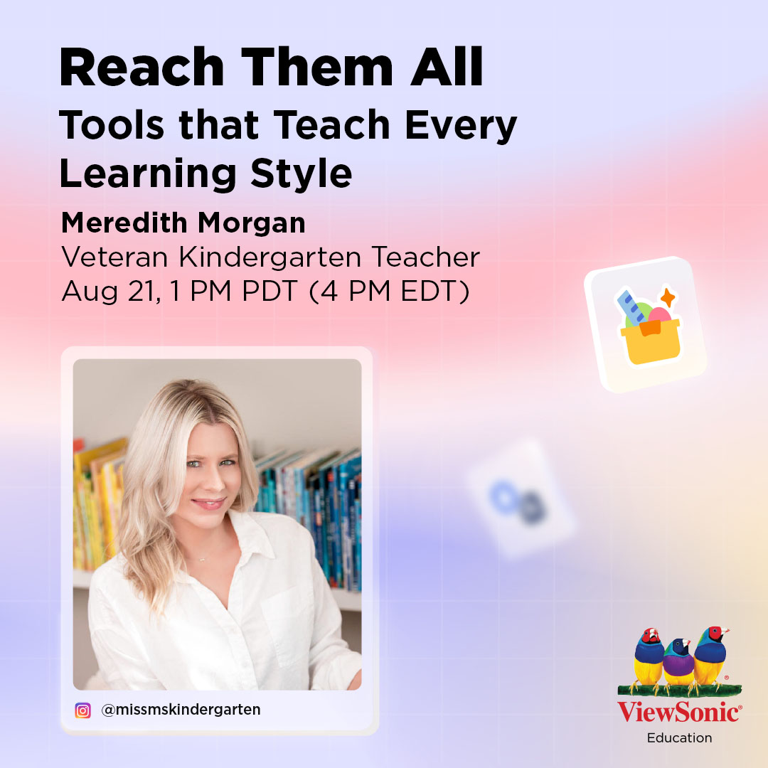 ViewSonicEDU_US's tweet image. Reach Them All: Tools that Teach Every Learning Style

Join kindergarten teacher Meredith Morgan on Thursday, August 21 at 1 PM PST as she shares how to:

✔ Support diverse learning needs
✔ Use immersive reader, Irlen filters &amp;amp; more
✔ Create an inclusive digital space
🎁 Stick…