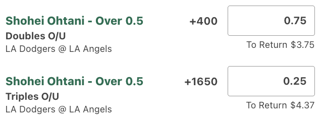 Here's a fun one I'm running tonight.

Dodgers have an elite matchup tonight, with Ohtani being the best bet to do some damage offensively.  His HR prices are almost unplayable, but the double is very much in play and I'll dabble at +400.