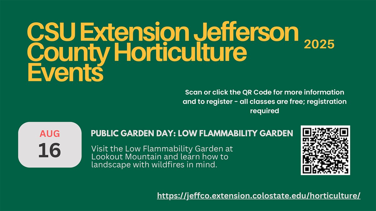 Jeffco Colorado (@jeffcocolorado) on Twitter photo Still want to have a beautiful garden while protecting your property from wildfire? 🔥
🗓️Join us on Aug. 16 at the Low Flammability Demonstration Garden at the Lookout Mountain Nature Center to learn from the Jefferson County Master Gardeners about landscaping with fire in mind! Still want to have a beautiful garden while protecting your property from wildfire? 🔥
🗓️Join us on Aug. 16 at the Low Flammability Demonstration Garden at the Lookout Mountain Nature Center to learn from the Jefferson County Master Gardeners about landscaping with fire in mind!