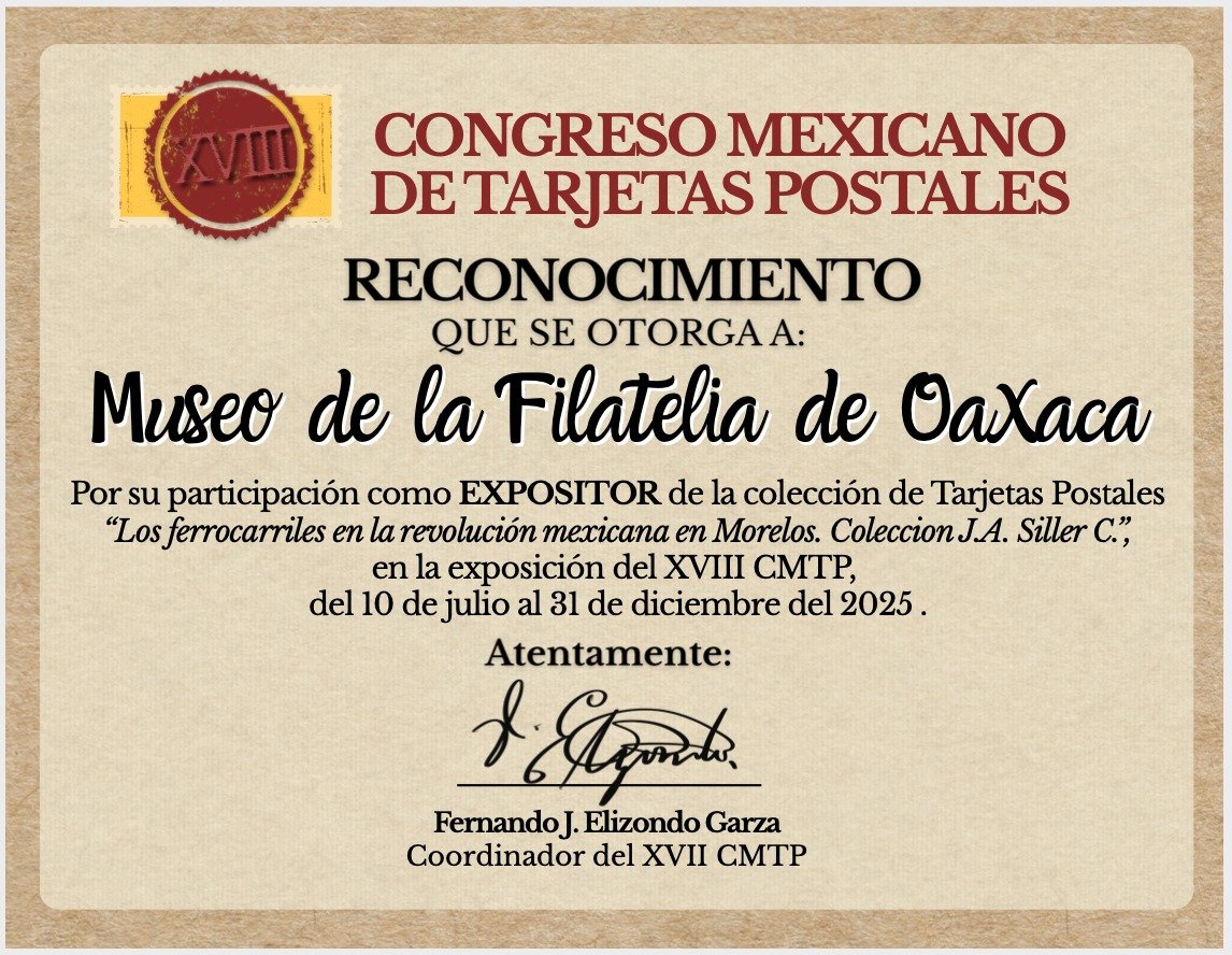 Agradecemos al Congreso Mexicano de Tarjetas Postales por el reconocimiento. La colección «Los Ferrocarriles en la Revolución Mexicana en Morelos» fue donada por Juan Antonio Siller Camacho, en cuya memoria dedicamos esta participación. ¡Visítala en nuestra Bóveda FIlatélica! 🩷