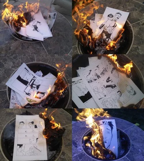 Yeah. I do regret it now. It was about 15 years ago. I burned 10 pages total, pages I really didn’t like, and brought to cons and no one wanted them either. So I burned them to free the world of art I felt I should’ve done better on. They were mostly pages from Invincible 13.