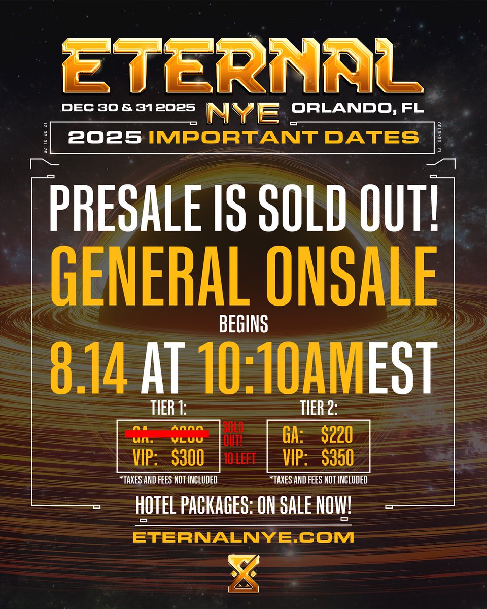Phase 1 Complete ⏳ Presale is SOLD OUT ! Prepare for the next window to secure your pass: August 14th at 10:10am EST 💫🔐  Set your Alarms 🚨🚨

#orlandoedm #eternalnye #dubstep