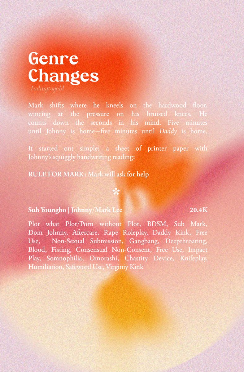 hedda๐ซ (@fadingtogold_) on Twitter photo genre changes
๐mark x johnny
๐explicit | 20.4k
๐written for <a href="/johnmarkfest/">reveals ๐</a>
๐an exploration of mark and johnny's relationship
archiveofourown.org/works/67198618 genre changes
๐mark x johnny
๐explicit | 20.4k
๐written for <a href="/johnmarkfest/">reveals ๐</a>
๐an exploration of mark and johnny's relationship
archiveofourown.org/works/67198618