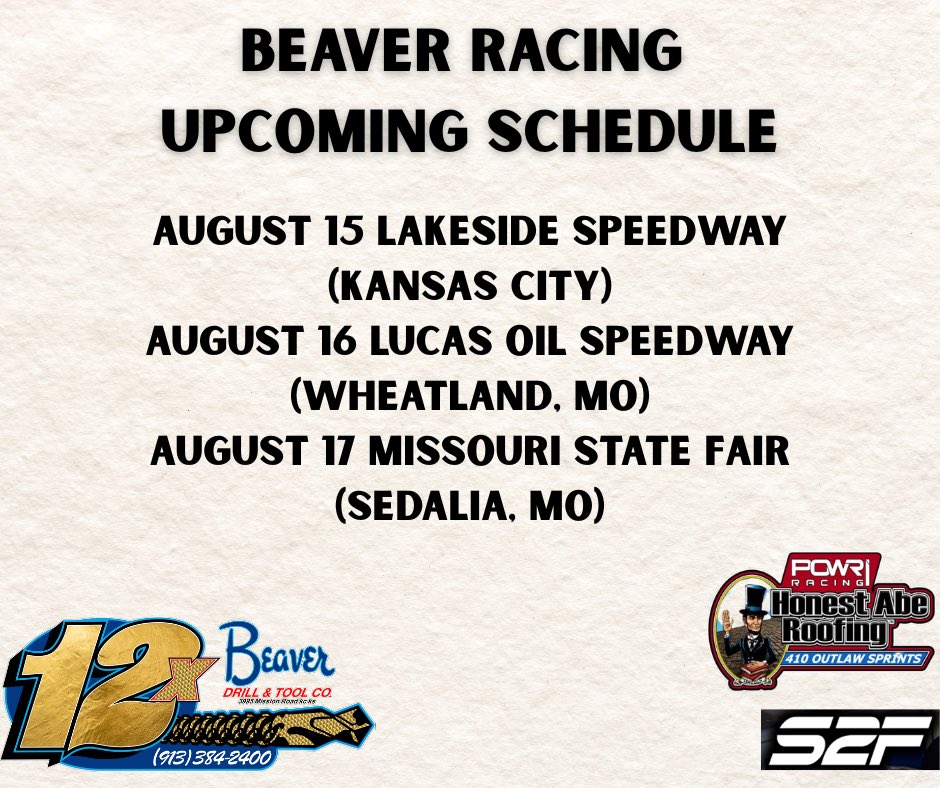Beaver Racing Team (@beaverracing12x) on Twitter photo The 12x will be racing this weekend with <a href="/POWRi_Racing/">POWRi Racing</a>!
<a href="/hankdavis1h/">Hank Davis</a> will be piloting all 3 nights🫡
*Merch available at trailer Friday
Saturday and Sunday merch will be available with <a href="/MoRaceFan/">Missouri Race Fan (TFord)</a> (orange trailer)* The 12x will be racing this weekend with <a href="/POWRi_Racing/">POWRi Racing</a>!
<a href="/hankdavis1h/">Hank Davis</a> will be piloting all 3 nights🫡
*Merch available at trailer Friday
Saturday and Sunday merch will be available with <a href="/MoRaceFan/">Missouri Race Fan (TFord)</a> (orange trailer)*