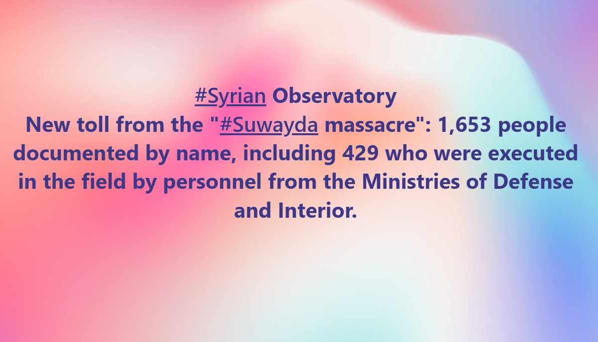 Juljula_Revo_Sy's tweet photo. #SyrianObservatory
New toll from the “Suwayda massacre”: 1,653 people documented by name, including 429 executed in the field by personnel from the Ministries of Defense and Interior. https://t.co/DoXTPrkMWo