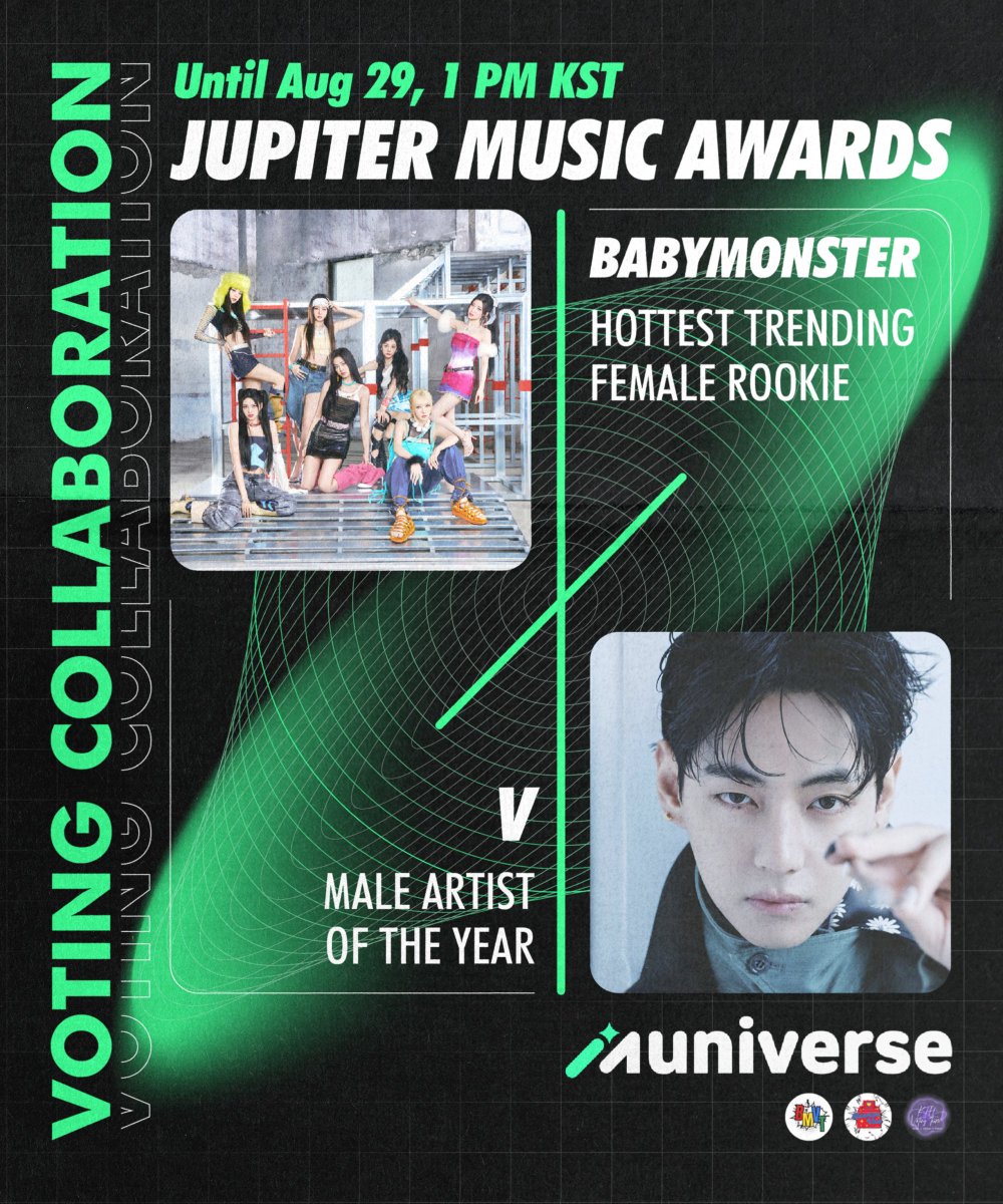 [📢] JMA VOTING COLLABORATION

Monstiez, we’re excited to announce our voting collaboration with <a href="/vote4kths/">KTH Voting Team</a>  for the Jupiter Music Awards 💪🏻 

As part of this collab, Monstiez will vote for #V in Male Artist of the Year, and in return, we will receive votes for #BABYMONSTER in