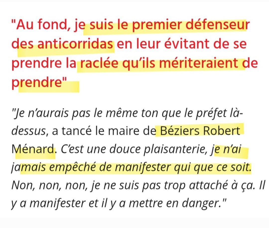 🤬 Robert Ménard, « défend » les anticorrida… en leur évitant « la raclée qu’ils mériteraient »
+ en leur interdisant le  CENTRE-VILLE de #Béziers.

➡️ Atteinte grave à une liberté fondamentale ! 
➡️ Incitation à la violence ! 

C'EST TRÈS GRAVE ! Avec complicité <a href="/Prefet34/">Préfète de l'Hérault 🇫🇷</a>