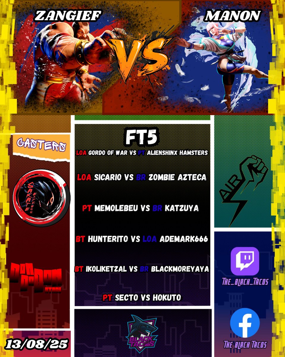 Hoy es un miércoles especial una noche inigualable de fts especiales de SF6 con un gran caster invitado *DON ATARI* EL MAS GRANDE CASTER EN ESPAÑOL DE SF 
precencia estos encuentros hoy a las 8 pm en su canal favorito para quedar en burnout
twitch.tv/the_black_taco…
¡¡ shoryuken!!