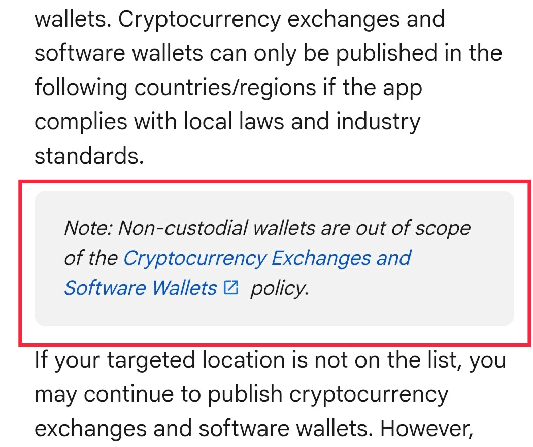Google has added a note about non-custodial wallets