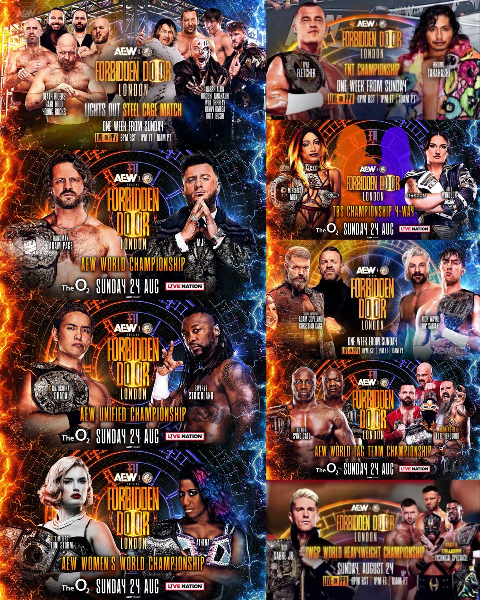 Forbidden Door updated lineup:

• Lights Out Steel Cage
• Hangman Page vs MJF
• Kazuchika Okada vs Swerve Strickland
• Kyle Fletcher vs Hiromu Takahashi
• Toni Storm vs Athena
• Mercedes/Windsor/CMLL/STARDOM
• Christian/Copeland vs Wayne/Sabian
• Hurt Syndicate vs