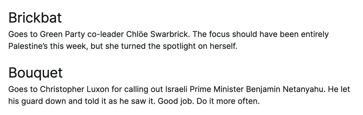 DailyIndgnation's tweet photo. NZME's Audrey Young succinctly sums up our media: she hates Chlöe Swarbrick for exposing our govt for not taking action on Palestine, and praises Luxon for saying some harsh words about Netanyahu but doing nothing.
It's alllll about optics. https://t.co/0uN5vK8f65
