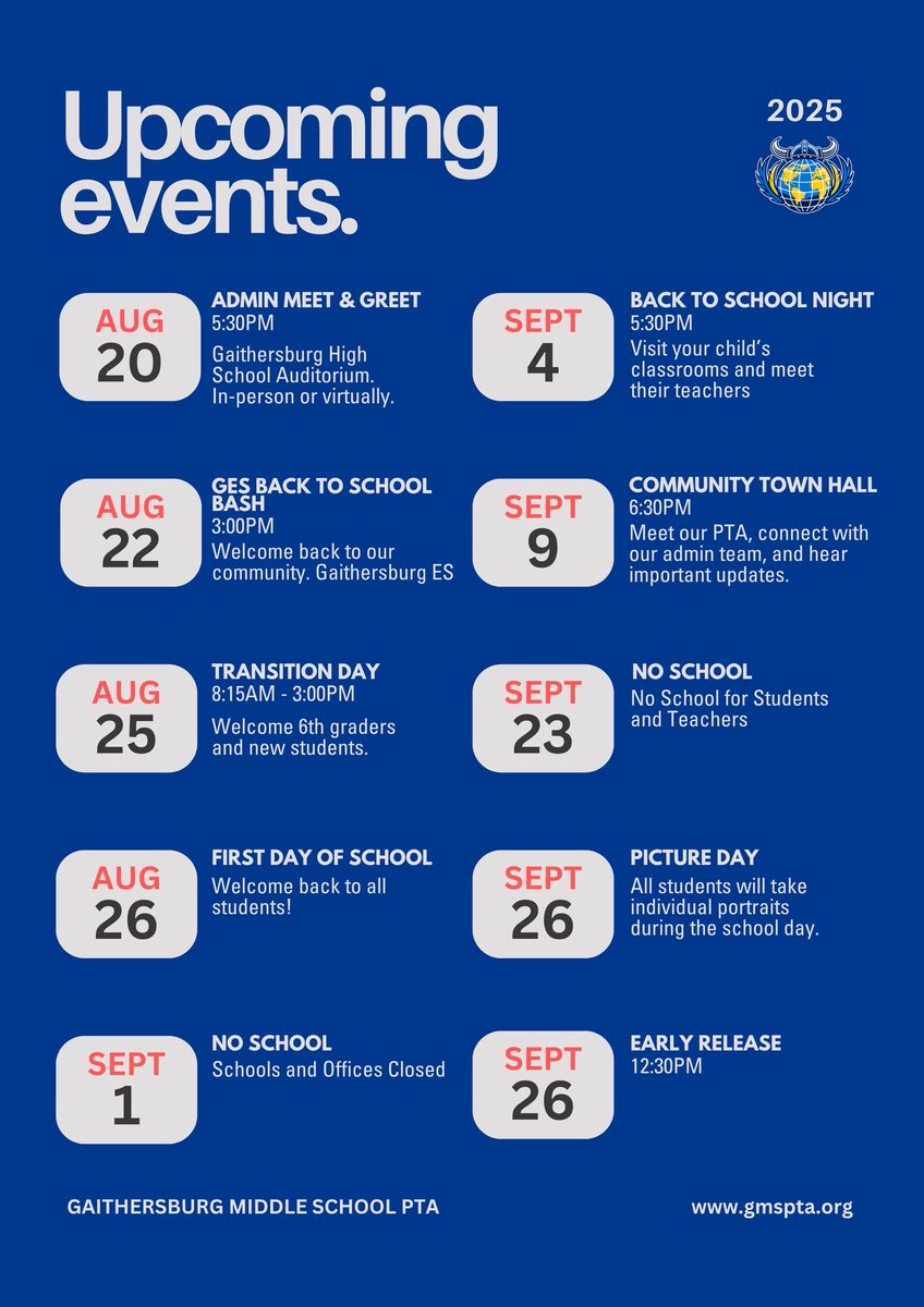 🚢💙💛 Save the Date, Vikings!
All aboard the Viking Ship — next stop: School Year 2025-2026! 📅 From our Admin Meet &amp; Greet to Picture Day, there’s so much to look forward to. Mark your shields and get ready for a year of fun, connection, and learning! #VikingPride #GMS