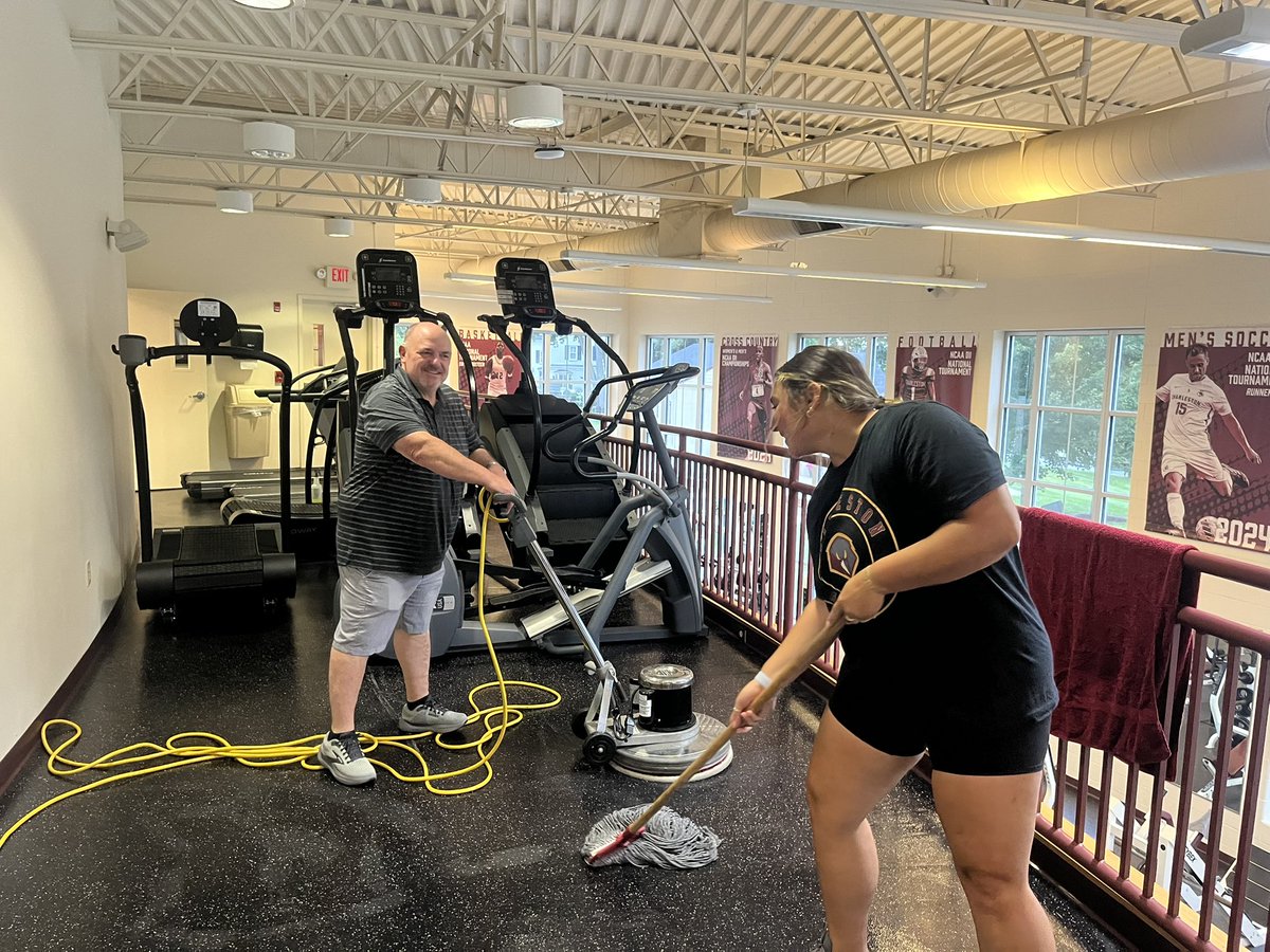 UofChasAD's tweet photo. I know I always say I have the best staff in the business, and this is why. .. This is just another example of their generosity. Below are some pics from our staff volunteering to do a deep cleaning of our university’s fitness center today. #BlessedAD https://t.co/Ab7LArQwEO