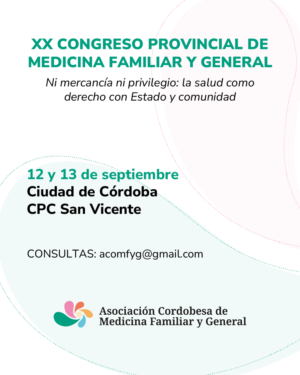 📢 XX CONGRESO PROVINCIAL DE MEDICINA FAMILIAR Y GENERAL

📍 El 12 y 13 de septiembre nos vemos en la Ciudad de Córdoba. ¡No te lo pierdas!

Inscripción:
* Socixs SIN COSTO
* No socixs especialistas: 75.000
* No socixs residentes: 55.000 
* Equipo de salud: 45.000