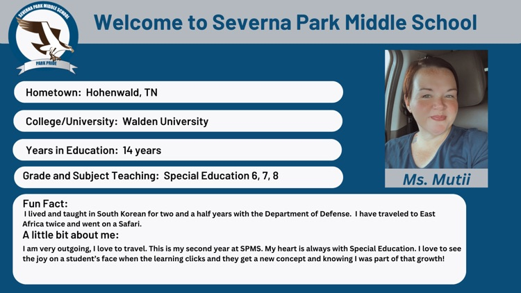 Please help us welcome Ms. Mutii to her new role at Severna Park Middle School!  #ParkPRIDE #BelongGrowSucceed