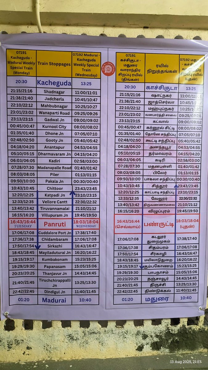 அடுத்த வாரம் முதல், வாரம் ஒருமுறை இயங்கும் கச்சிகுடா (ஹைதராபாத்) - மதுரை - கச்சிகுடா சிறப்பு ரயில் பண்ருட்டியில் நின்று செல்ல இருக்கிறது. 

முழு வழித்தடம் &amp; நேர அட்டவணை 👇
