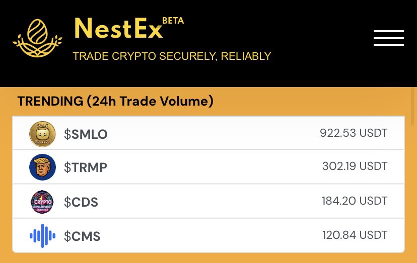 🚀 Top 24h Volumes on trade.nestex.one 🚀
🗓️ 13 August 2025, 11:11 UTC

🥇 $SMLO  trade.nestex.one/spot/SMLO
🥈 $TRMP ⛏️ trade.nestex.one/spot/TRMP
🥉 $CDS  trade.nestex.one/spot/CDS

#Smellow #TrumPOW #CDS #CmusicAI #NestEx #TopVolumes #PoW #Altcoin #Crypto
