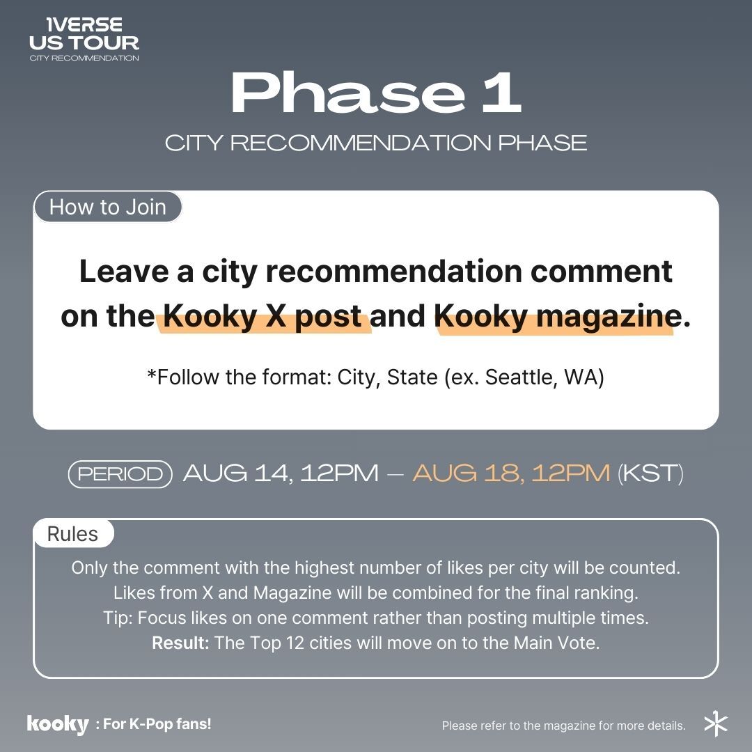 kooky__official's tweet photo. 📣 1VERSE US Tour – City Recommendation 🇺🇸
📆Aug 14, 12PM – Aug 18, 12PM (KST)
🏆The Top 12 cities will move on to the Main Vote!
🧡Full Guide: https://t.co/Fre4Men33v
@1VERSE_official #1VERSE #KookyPartners