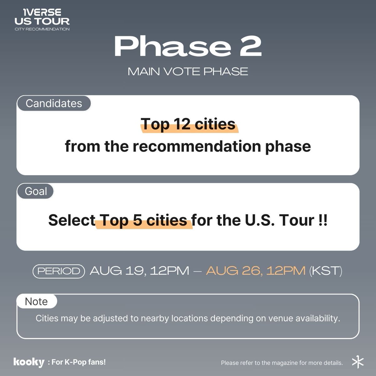 kooky__official's tweet photo. 📣 1VERSE US Tour – City Recommendation 🇺🇸
📆Aug 14, 12PM – Aug 18, 12PM (KST)
🏆The Top 12 cities will move on to the Main Vote!
🧡Full Guide: https://t.co/Fre4Men33v
@1VERSE_official #1VERSE #KookyPartners