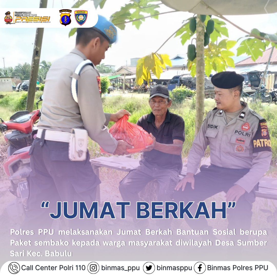 binmasppu's tweet photo. Polres PPU melaksanakan Jumat Berkah Bantuan Sosial berupa Paket sembako kepada warga masyarakat diwilayah Desa Sumber Sari Kec. Babulu
.
.
#PolresPPU #PoldaKaltim #Polripresisi #BaksosPolri #iknNusantara #KamiBersamaPolri #UntungAdaPolisi #SavePolri #PolriUntukMasyarakat https://t.co/4HTgsMT3yd