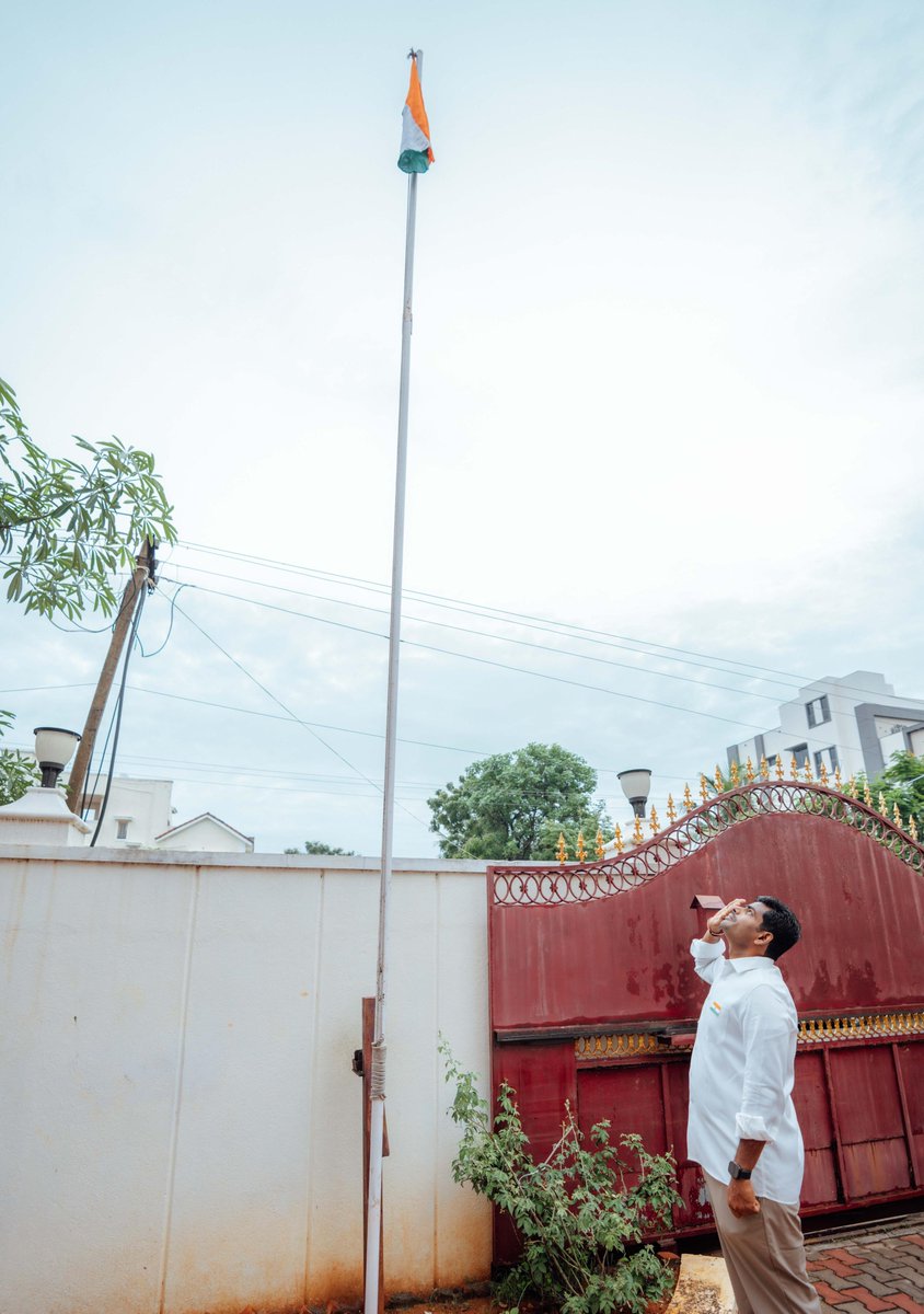 annamalai_k's tweet photo. On the eve of our 79th Independence Day, had the honour of unfurling the Tricolour at my residence in Chennai today and joined the #HarGharTiranga movement. 

As the Tricolour flies high, every wave of it is a tribute to the sacrifices of our freedom fighters and a pledge to uphold the unity, integrity, and glory of Bharat. ��🇳 

Jai Hind.