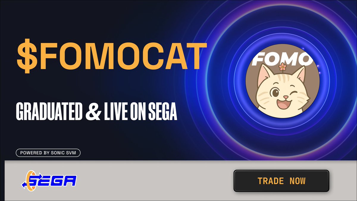 $FOMOCAT is now graduated from <a href="/goodrdotfun/">goodr.fun</a> and tradable on Sega 🙌  

🐱CA: 2DJEdQB1Vj4kJvUyw7jZzeRxvsoBgVTs55oWabLEjZpq

Trade Now:  
sega.so/liquidity/incr…

🏁Governance Race runs till Aug 15, 03:00 UTC. Only graduated tickers make the ballot. 
With <a href="/Fomoney2048/">FoMoney(1 Million Players on SONIC!)</a>. #FOMO #Goodr