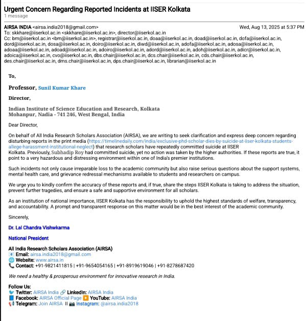 All India Research Scholars Association (@airsaindia) on Twitter photo Repeated suicide by research scholar at <a href="/iiserkol/">IISER Kolkata</a> yet higher authorities remain silent. A huge disappointment for India’s research community—while some in power enjoy their chairs, ignoring scholars’ struggles <a href="/the_hindu/">The Hindu</a> <a href="/timesofindia/">The Times Of India</a> <a href="/dhruv_rathee/">Dhruv Rathee</a> <a href="/DrJitendraSingh/">Dr Jitendra Singh</a> <a href="/dpradhanbjp/">Dharmendra Pradhan</a> Repeated suicide by research scholar at <a href="/iiserkol/">IISER Kolkata</a> yet higher authorities remain silent. A huge disappointment for India’s research community—while some in power enjoy their chairs, ignoring scholars’ struggles <a href="/the_hindu/">The Hindu</a> <a href="/timesofindia/">The Times Of India</a> <a href="/dhruv_rathee/">Dhruv Rathee</a> <a href="/DrJitendraSingh/">Dr Jitendra Singh</a> <a href="/dpradhanbjp/">Dharmendra Pradhan</a>