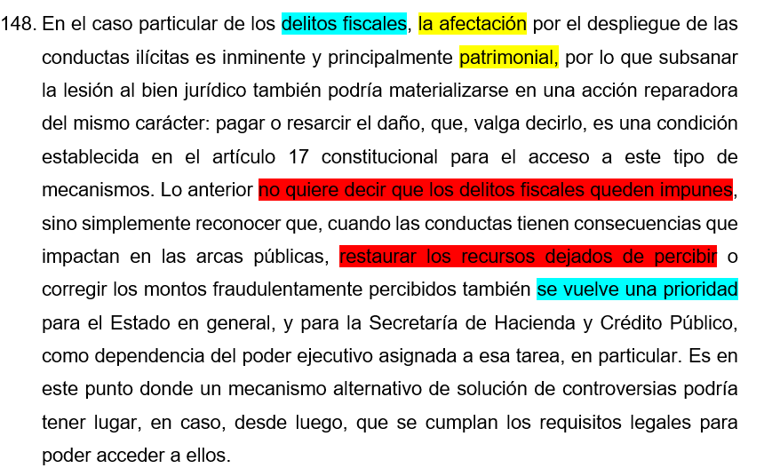 GilLuisJ92's tweet photo. MECANISMOS ALTERNATIVOS DE SOLUCIÓN DE CONTROVERSIAS. PROCEDEN EN LOS DELITOS FISCALES, PUES LA AFECTACIÓN ES DE CARÁCTER PRINCIPALMENTE PATRIMONIAL.

La Primera Sala de la Suprema Corte de Justicia de la Nación al resolver el amparo directo en revisión 2436/2022 sostuvo que las partes tienen derecho a solicitar la celebración de mecanismos alternativos de solución de controversias, incluso tratándose de delitos fiscales, en el entendido de que la Secretaría de Hacienda y Crédito Público participa en calidad de víctima u ofendida.