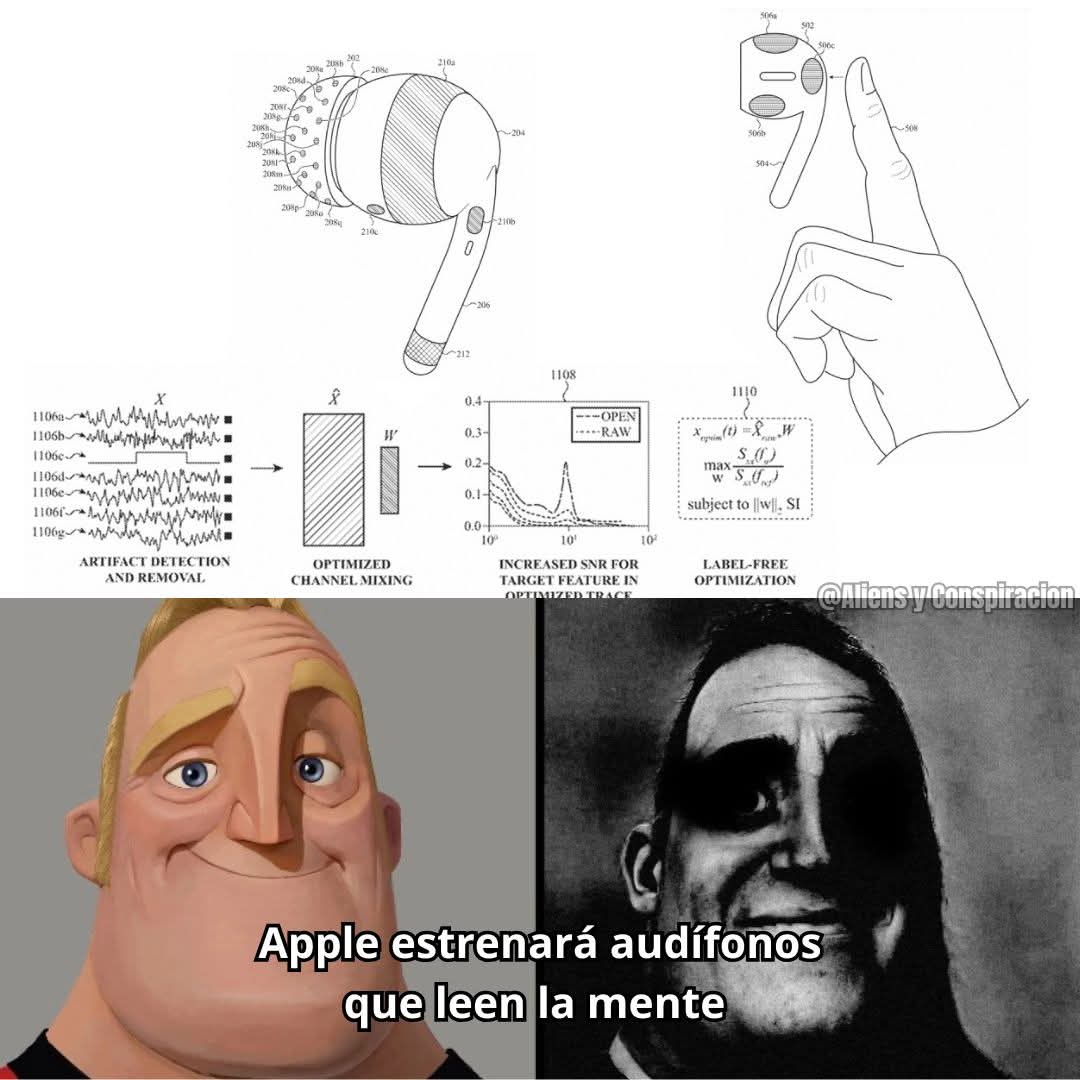 nacional_memes's tweet photo. Apple ya patentó unos audífonos capaces de capturar actividad cerebral gracias a electrodos colocados en o alrededor del oído, una tecnología que suena a ciencia ficción pero está registrada oficialmente.

Sólo con un toque en un electrodo activo, los AirPods podrían activar la medición.

Electrodos en la punta, el tallo o la carcasa seleccionarían automáticamente los más adecuados mediante un algoritmo sofisticado. 🐶