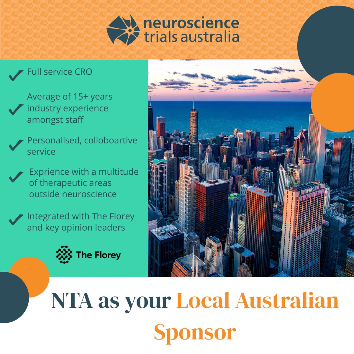 Proud to offer local sponsorship for clinical trials at #NTA! As the #CRO of The Florey Institute, we excel in neuroscience, immunology, oncology, &amp; more. Leverage our 15+ years' experience &amp; strong recruitment outcomes. Contact us: NTA-BDev@florey.edu.au