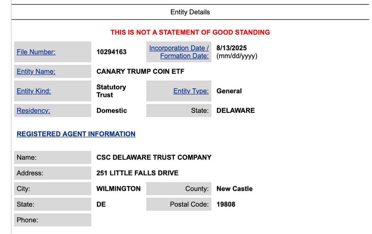 rosycutee2's tweet photo. PoliFi is coming to Wall Street.
Filings in Delaware show that Canary Capital has officially registered for a Spot $TRUMP Coin ETF, the first of its kind.
This marks a major attempt to bridge the worlds of memecoins and regulated finance.
#Trump #PoliFi #ETF #Crypto #TRUMP #Investing