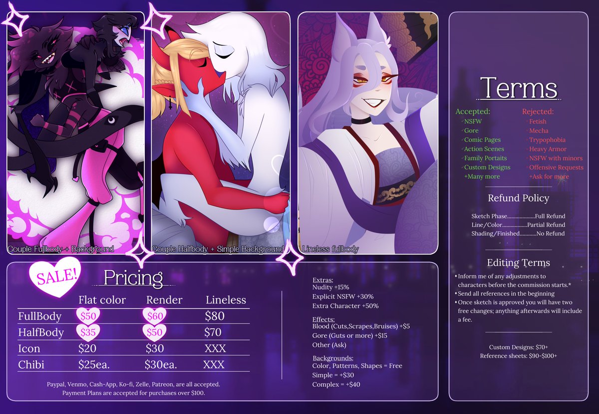 New sale going on for the rest of August! 

Total slots: 5 (individuals)

No holds since it's a sale comment below or dm me for more details/questions. :)
#hazbinhotlel #helluvaboss #commission #sale