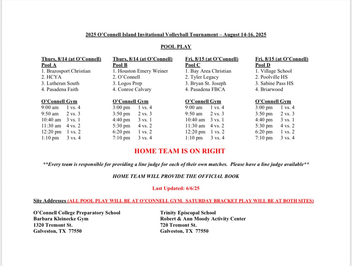 O'Connell College Prep HS Athletics (@ocpbuccaneers) on Twitter photo The 2025 O’Connell Island Invitational Volleyball Tournament starts on Thursday, 8/13! Here is a look at the pool play schedule for Friday & Saturday! Looking forward to another great weekend on The Island! <a href="/TeamLSCSN/">Lone Star Christian Sports Network (LSCSN)</a> <a href="/GalvSports/">Daily News: Sports</a> <a href="/JamesAtGalvNews/">James LaCombe</a> The 2025 O’Connell Island Invitational Volleyball Tournament starts on Thursday, 8/13! Here is a look at the pool play schedule for Friday & Saturday! Looking forward to another great weekend on The Island! <a href="/TeamLSCSN/">Lone Star Christian Sports Network (LSCSN)</a> <a href="/GalvSports/">Daily News: Sports</a> <a href="/JamesAtGalvNews/">James LaCombe</a>