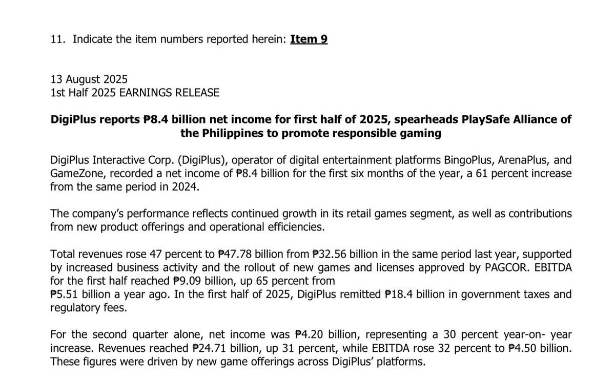 RevinOchave's tweet photo. Tanco-led DigiPlus Interactive Corp. said its H1 net income rose by 61% to P8.4-B led by growth in its retail games segment. 

DigiPlus operates BingoPlus, ArenaPlus, and GameZone. @bworldph https://t.co/r1hCHWOR8F