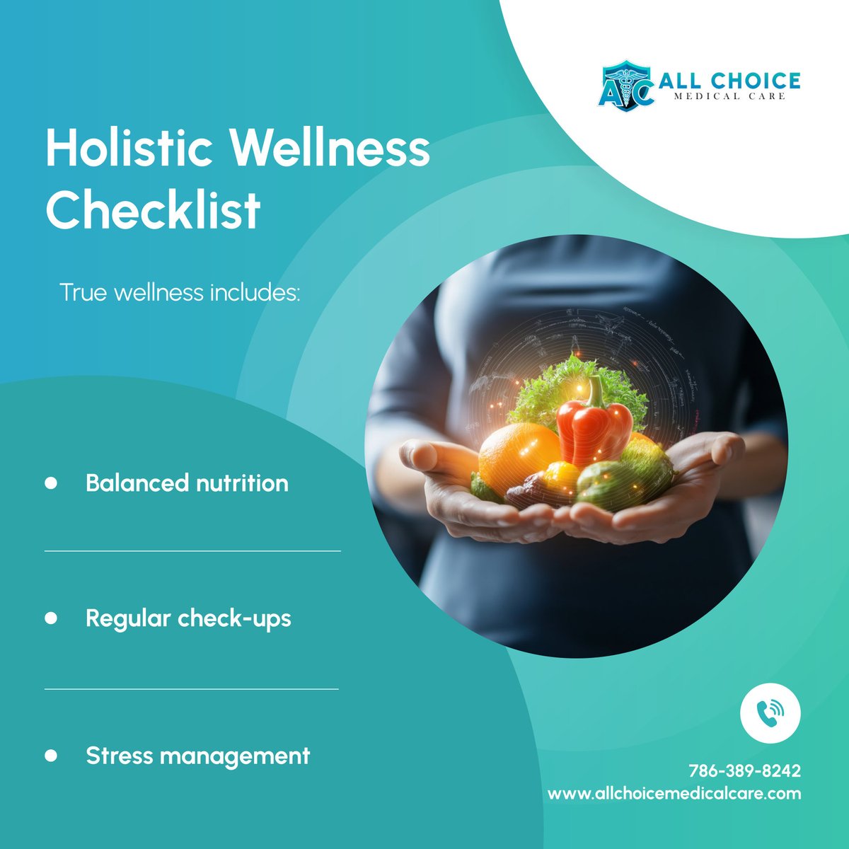 allchoicemed's tweet image. Wellness is more than physical health. We support your journey with nutrition, regular check-ups, and stress management for whole-body well-being. 

#HealthcareWellnessAndTrainingServices #MiamiFL #WellnessChecklist
