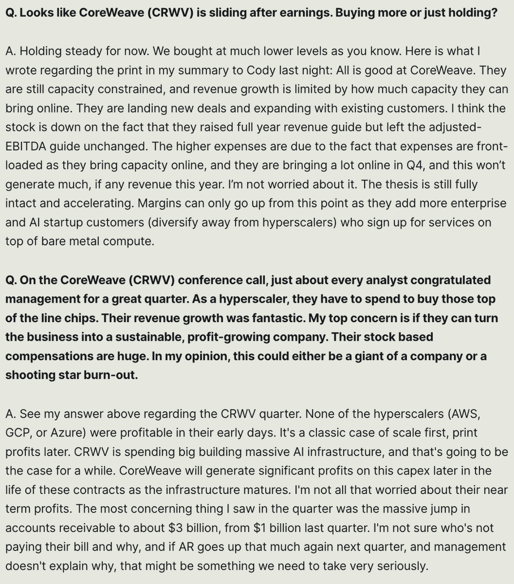 $CRWV slid after earnings, but thesis intact.

- Capacity-limited growth, not demand
- Raised rev guide, EBITDA flat = front-loaded Q4 build costs
- Landing new deals + expanding existing customers
- Margins set to rise as they diversify beyond hyperscalers

Main watch: $3B AR