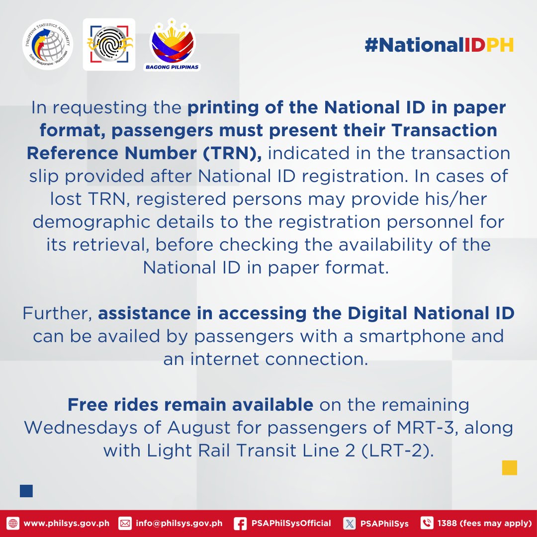 PSA Philippine Identification System (@psaphilsys) on Twitter photo ๐๐๐๐๐๐ ๐๐๐๐๐๐๐๐
Ipinababatid ng PSA sa publiko ang pagsasagawa ng National ID services sa Cubao at Taft MRT-3 stations.
๐๏ธ 13 to 31 August 2025
๐ Mondays to Fridays - 6AM to 10PM; Saturdays - 10AM to 7PM
Advisory: psa.gov.ph/node/168407849โฆ
#NationalIDPH #PSA ๐๐๐๐๐๐ ๐๐๐๐๐๐๐๐
Ipinababatid ng PSA sa publiko ang pagsasagawa ng National ID services sa Cubao at Taft MRT-3 stations.
๐๏ธ 13 to 31 August 2025
๐ Mondays to Fridays - 6AM to 10PM; Saturdays - 10AM to 7PM
Advisory: psa.gov.ph/node/168407849โฆ
#NationalIDPH #PSA