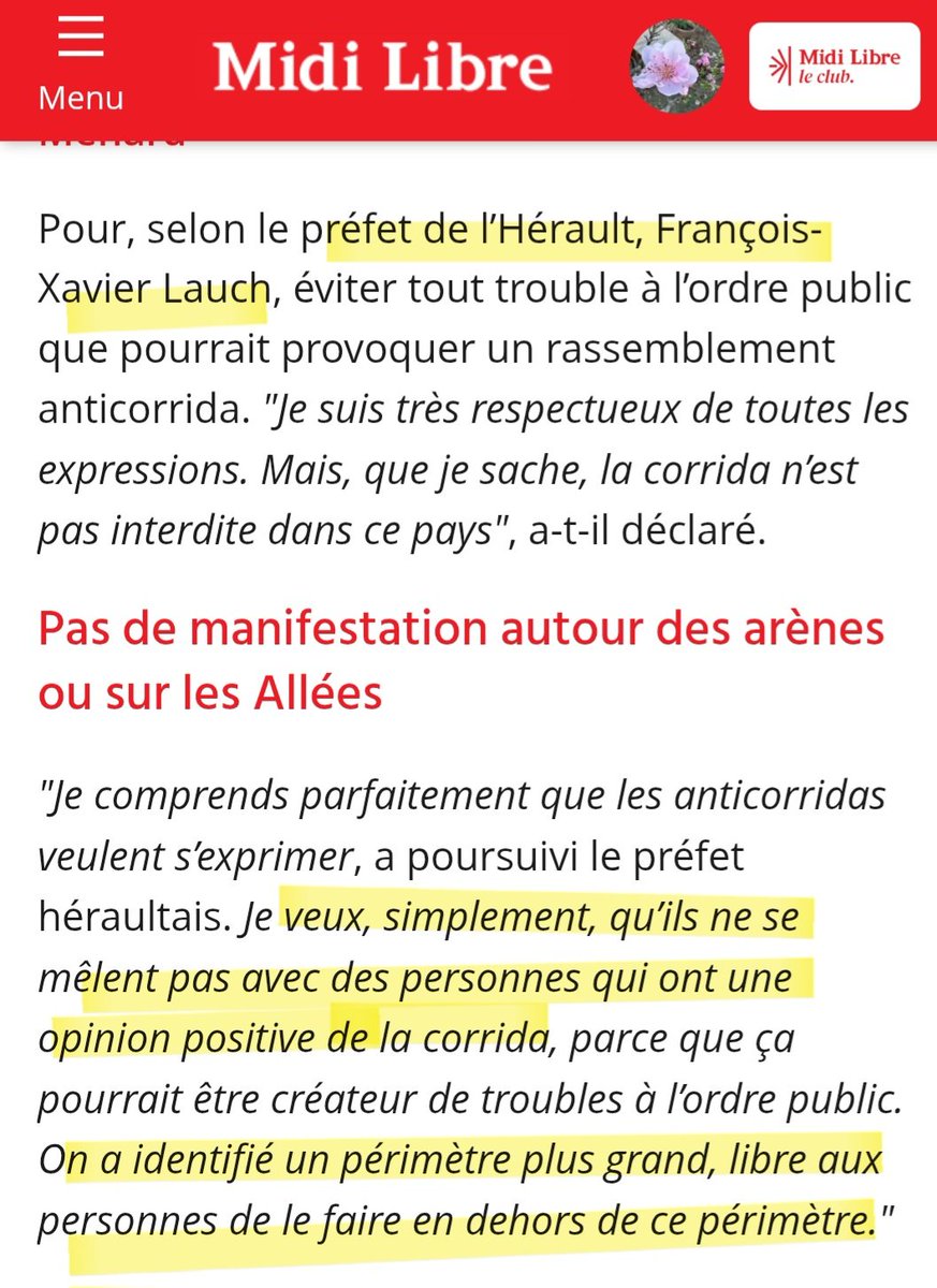 SURREALISTE ! Apres le périmètre de 500 m autour des arènes, voilà que <a href="/Prefet34/">Préfète de l'Hérault 🇫🇷</a> interdit aussi le CENTRE-VILLE aux anticorrida !
Motif ? Ne pas croiser de gens favorables à la corrida !!

🤬 RIDICULE + Atteinte GRAVISSIME à la liberté d expression. 

⚖️ Référé liberté déposé