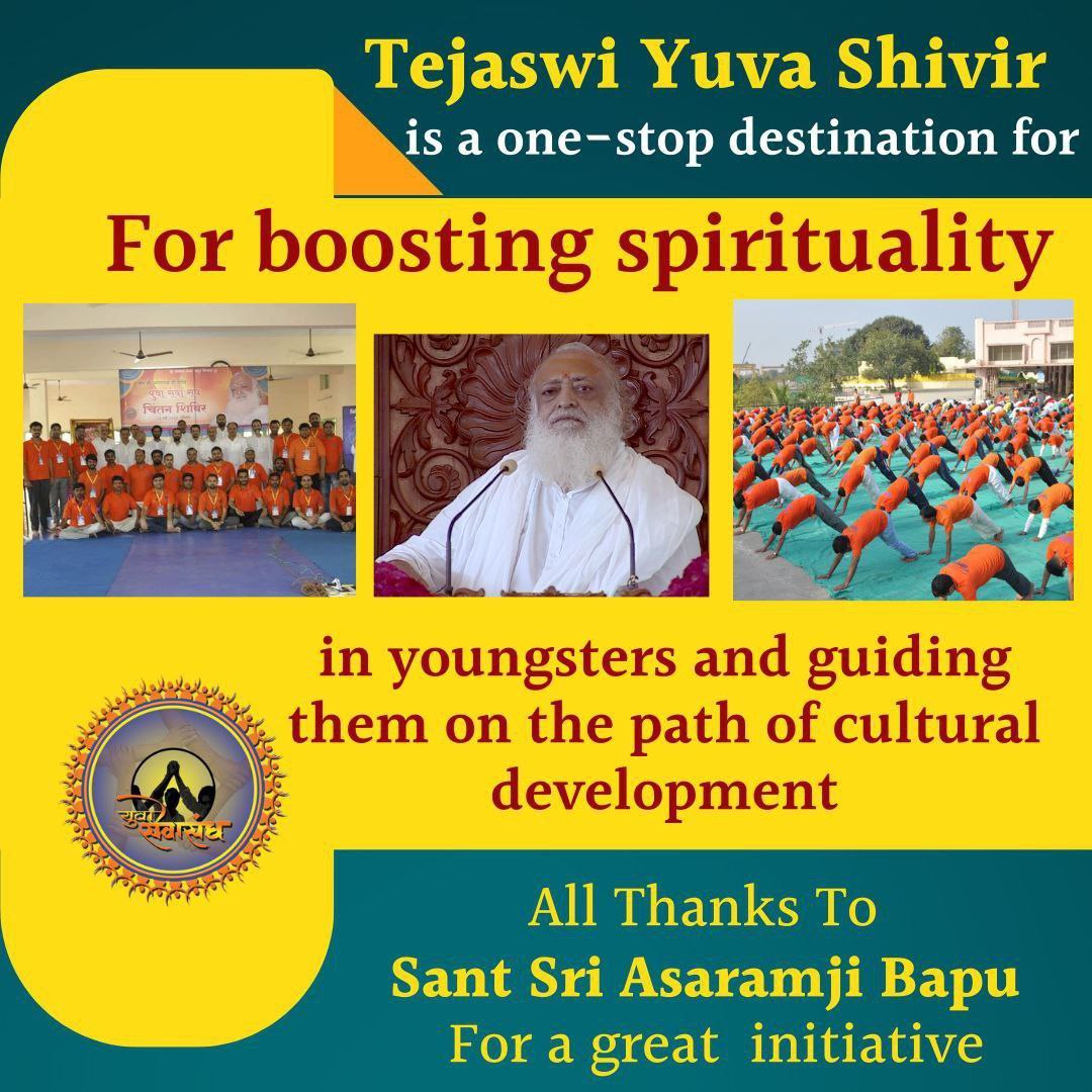 <a href="/YssSpeaks/">Young India Speaks</a> 🚩Sant Shri Asharamji Ashram द्वारा आयोजित #TejasviYuvaShivir -आत्म-संयम, नैतिक मूल्य और भारतीय संस्कृति से युवाओ को जोड़ने का सुनहरा अवसर।🧘‍♂️ योग | 🧠 ध्यान | 💨 प्राणायाम Yuva Sewa Sangh प्रेरित करता है युवाओ को समाज, राष्ट्र और मानवता के कल्याण के लिए, Spiritual Growth के लिये।