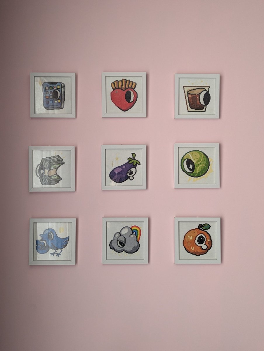 Unicornmon's tweet photo. @TerryMakesStuff It may have taken me over a year since finishing the set. But I finally hung them on my wall. (Please don't tell me they aren't straight... I know and fixing it again might make me cry) https://t.co/Wjar1tUr5g