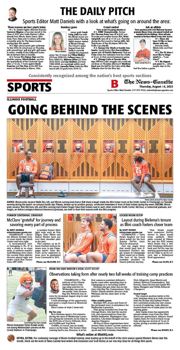 IlliniHQ (@illinihq) on Twitter photo Thursday's N-G sports cover features <a href="/srrichey/">Scott Richey</a> on #Illini football locker room setup and training camp practice observations, plus <a href="/mdaniels_NG/">Matt Daniels</a> on Tyler McClure entering year 3 with Bret Bielema's program and more in the Daily Pitch.
<a href="/APSE_sportmedia/">APSE</a>
<a href="/ngphotostaff/">News-Gazette Photo</a> Thursday's N-G sports cover features <a href="/srrichey/">Scott Richey</a> on #Illini football locker room setup and training camp practice observations, plus <a href="/mdaniels_NG/">Matt Daniels</a> on Tyler McClure entering year 3 with Bret Bielema's program and more in the Daily Pitch.
<a href="/APSE_sportmedia/">APSE</a>
<a href="/ngphotostaff/">News-Gazette Photo</a>
