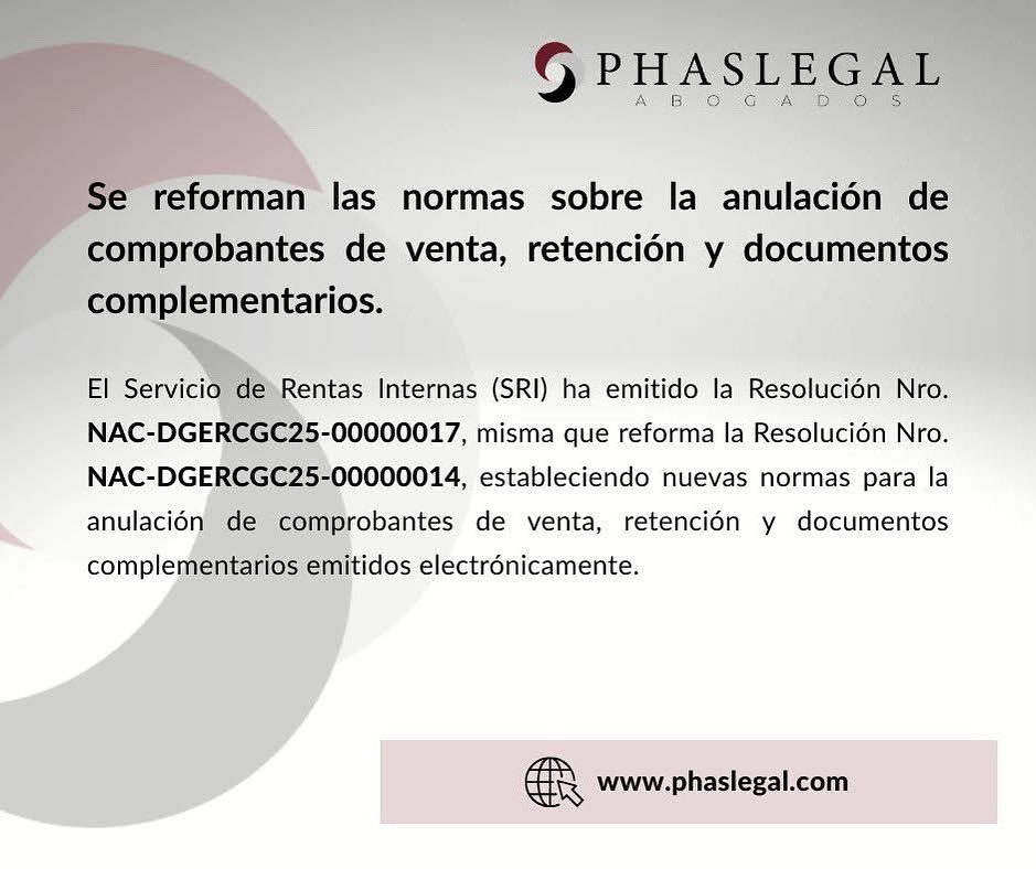 PhasLegal's tweet photo. 📢 SRI actualiza reglas para la anulación de comprobantes electrónicos (venta, retención y documentos complementarios). 

💡 Empresas y profesionales deben ajustar sus procesos.

🔗 Más info: https://t.co/eSYPQDSRKS https://t.co/FAAHeUeUXE