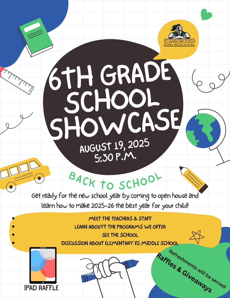 Join us Tuesday August 19th for our 6th grade School Showcase.  Parents, this is your opportunity to see the school, meet the teachers, and learn about the programs we offer. We will start in the cafeteria at 5:30pm.   Refreshments will be served and we will have door prizes.