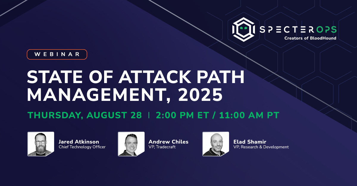We are breaking down our State of Attack Path Management report.

Join <a href="/jaredcatkinson/">Jared Atkinson</a>, <a href="/AndrewChiles/">Andrew Chiles</a>, &amp; <a href="/elad_shamir/">Elad Shamir</a> as they discuss some key takeaways from the report to help you understand &amp; address attack paths before they're exploited.

Register 👉 ghst.ly/aug-web-tw
