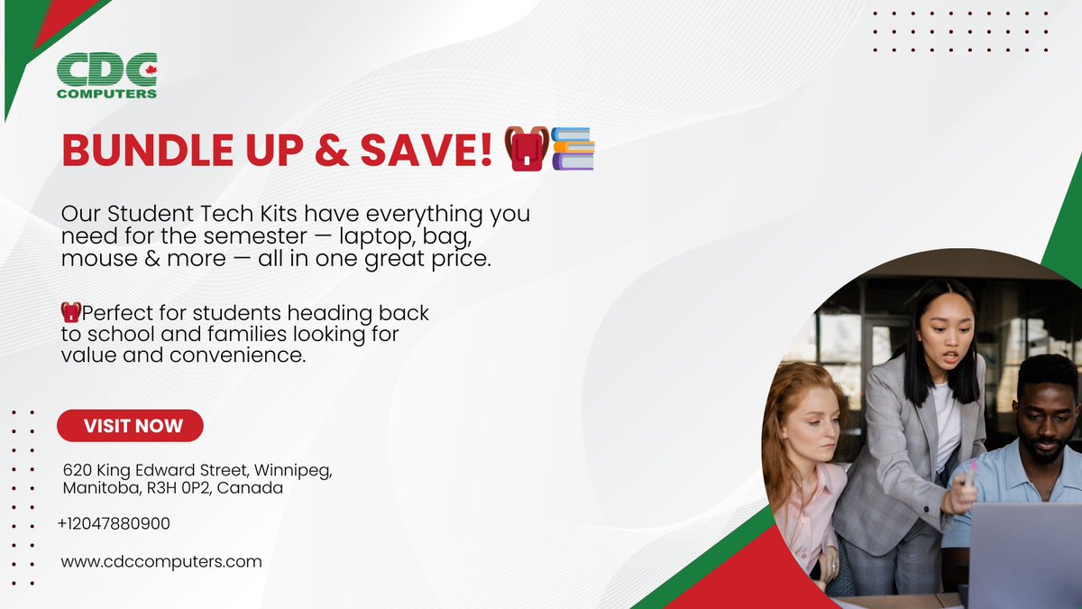 CDCComputers's tweet image. 📚 Bundle up &amp;amp; save! 🎒
 Our Student Tech Kits have everything you need for the semester — laptop, bag, mouse &amp;amp; more — all in one great price.
📍 620 King Edward Street, Winnipeg, MB
 🛒 Shop now: cdccomputers.com
#StudentDeals #BackToSchool #TechSavings #WinnipegTech