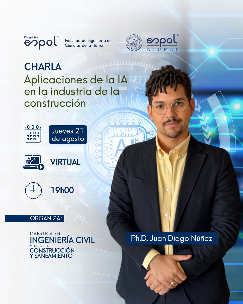 🤖Descubre cómo la IA está optimizando procesos y revolucionando la gestión de proyectos en la industria de la construcción.
🗓️Jueves 21 de agosto a las 19h00
💻Vía ZOOM
👥Dirigido a estudiantes de pregrado, posgrado y comunidad #AlumniESPOL. 
📝Registros: forms.office.com/r/ahZwzvHkp8