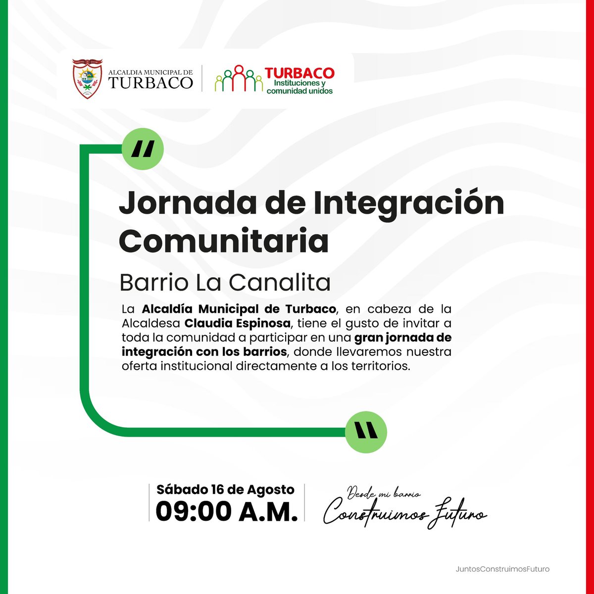 Este sábado 16 de agosto a las 9:00 a.m. estaremos en el barrio La Canalita con la Jornada de Integración Comunitaria, donde los Turbaqueros podrán disfrutar de múltiples beneficios. ¡Te esperamos!
#JuntosConstruimosFuturo❤️💚