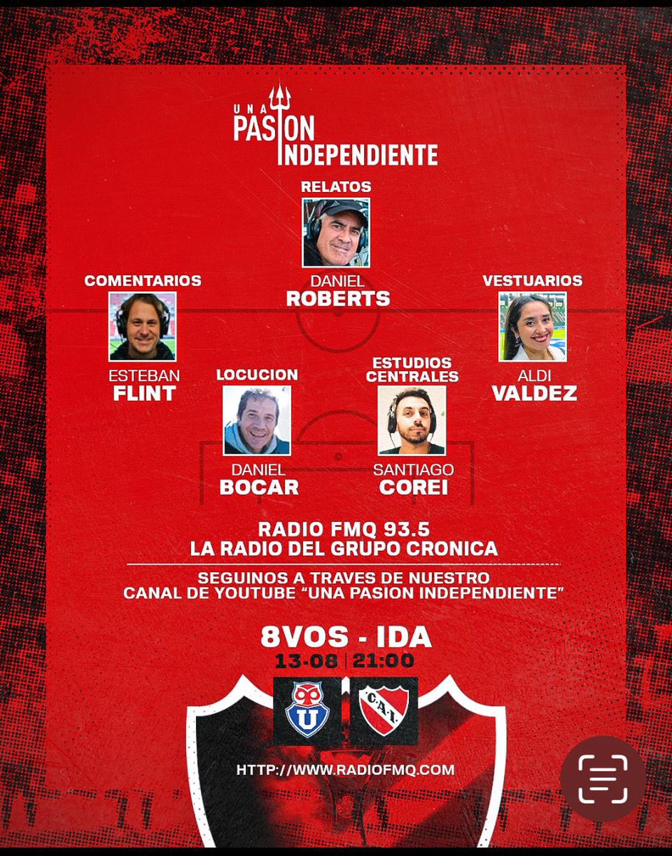 Aire 21hs
U de Chile-#Independiente 
🏆 Copa Sudamericana - 8vos- Ida 
📻 FMQ 93.5 <a href="/radiofmq/">Radio FMQ</a> 
🖥️ YouTube: Una Pasión Independiente 
👉 m.youtube.com/watch?v=qpqOYH…